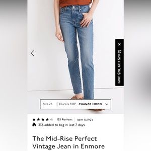 Madewell Mid Rise Perfect Vintage Jeans, worn twice